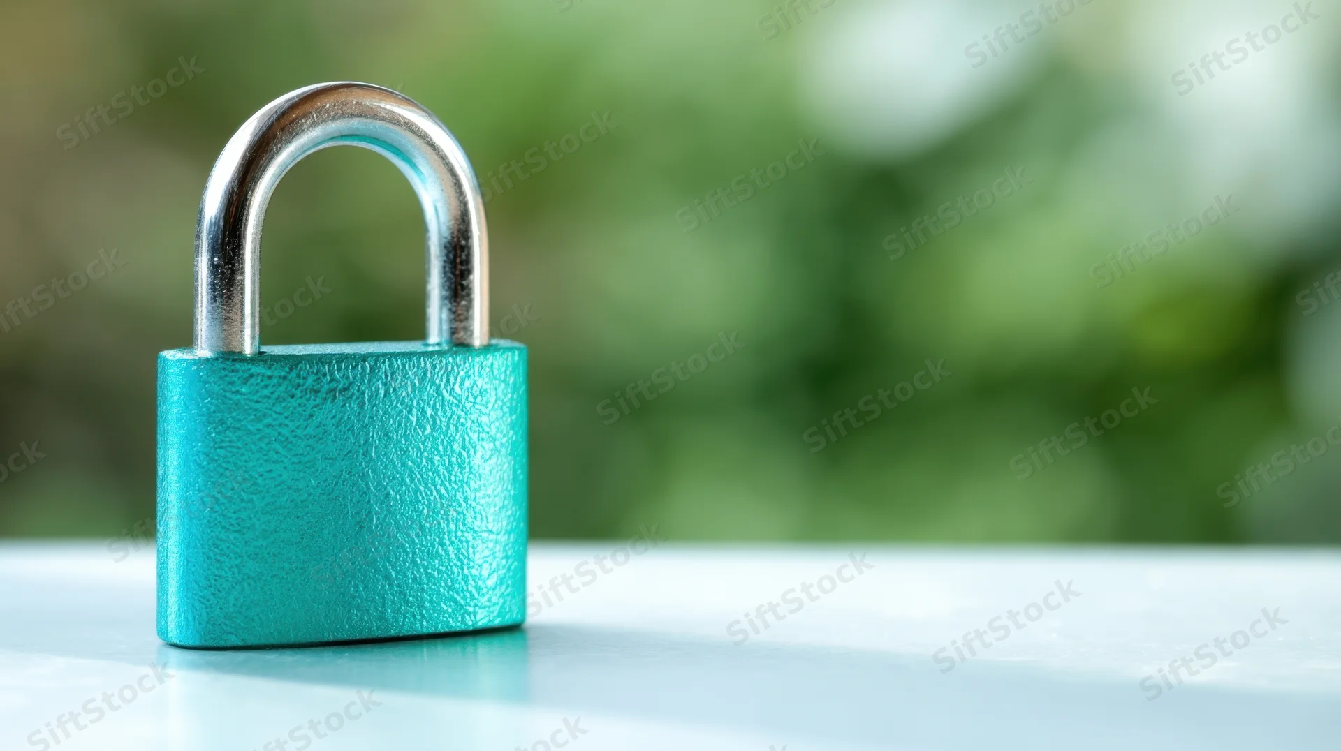 Turquoise padlock on white surface with blurred green background