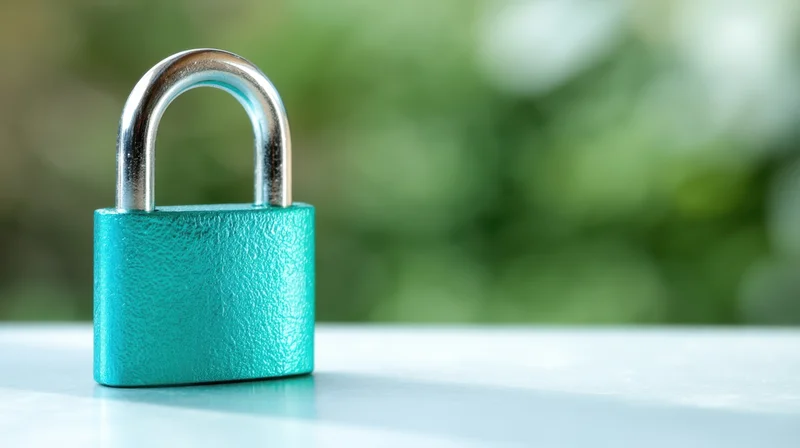 Turquoise padlock on white surface with blurred green background