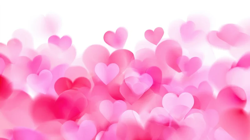Pink hearts floating in soft focus against white background with copyspace