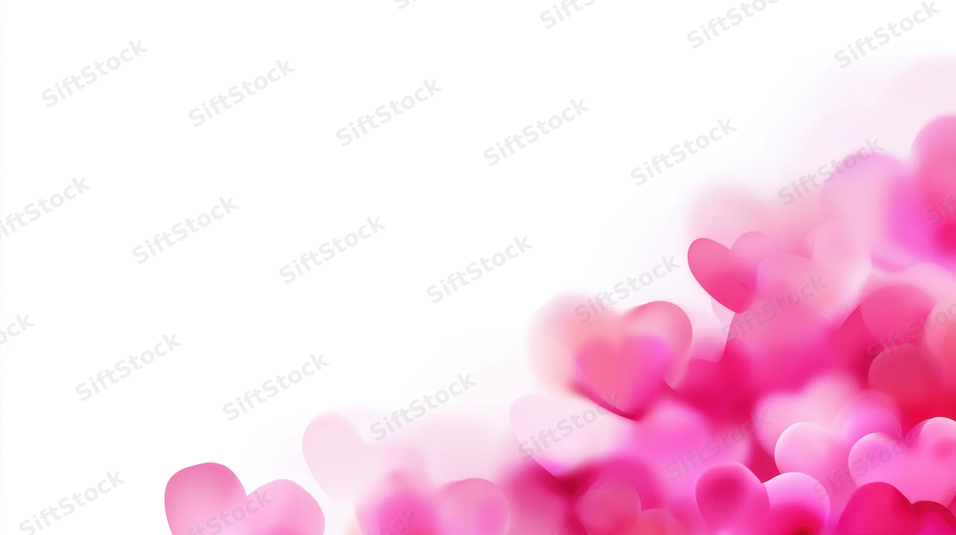 Pink heart shapes in soft focus on white background with copyspace
