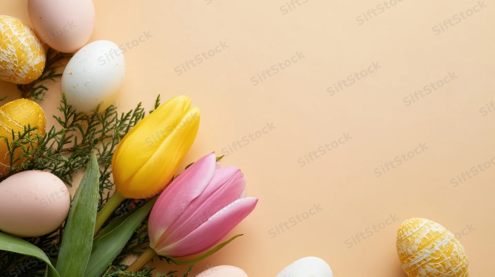 Easter eggs and tulips arranged with greenery on a peach surface with copyspace