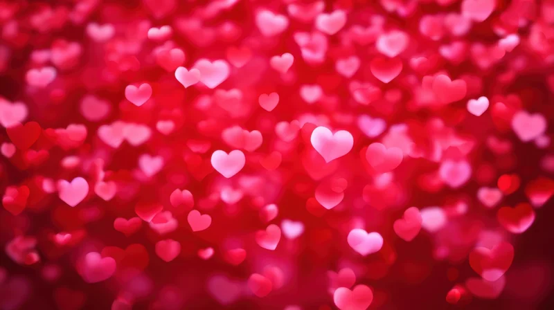 Blurred red and pink heart shapes glowing softly in a festive pattern