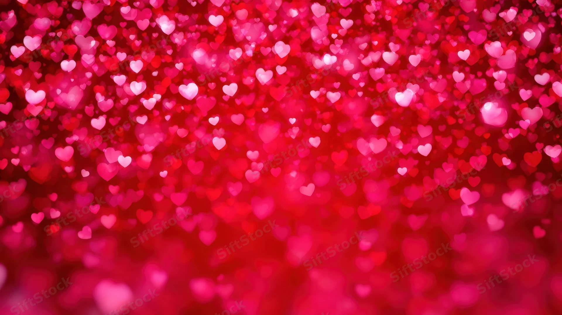 Blurred red and pink heart shapes glowing softly across the frame as a festive background
