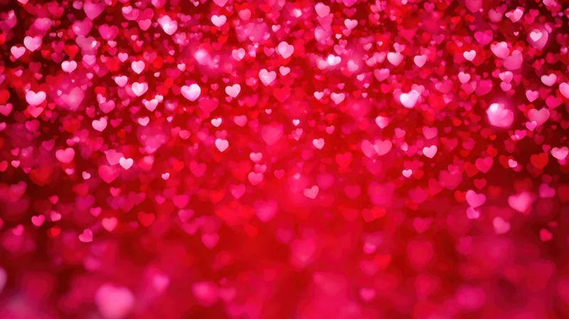 Blurred red and pink heart shapes glowing softly across the frame as a festive background