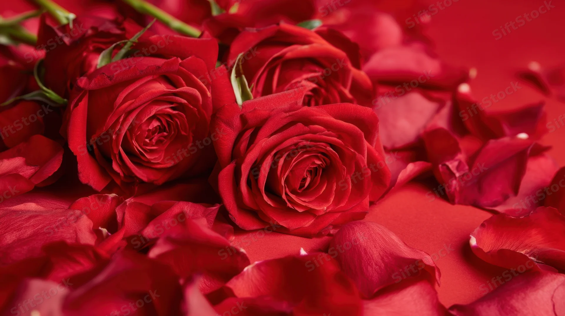 Red roses and scattered petals arranged on a red surface