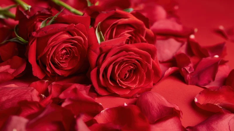 Red roses and scattered petals arranged on a red surface