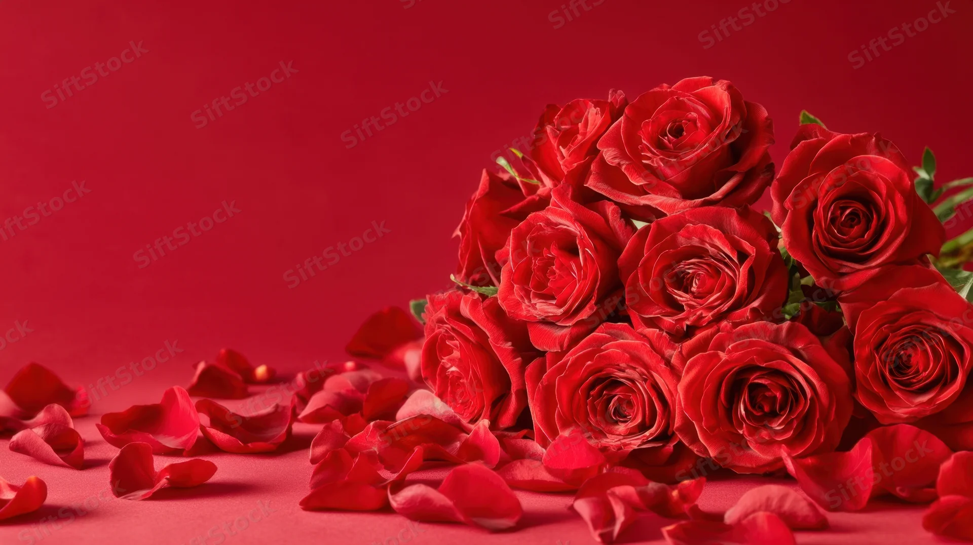 A bouquet of red roses with scattered petals on a red surface