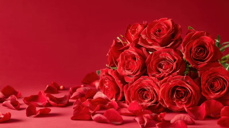 A bouquet of red roses with scattered petals on a red surface
