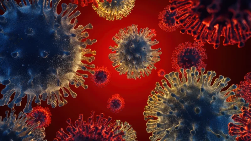 Floating virus particles with spike proteins on a red background