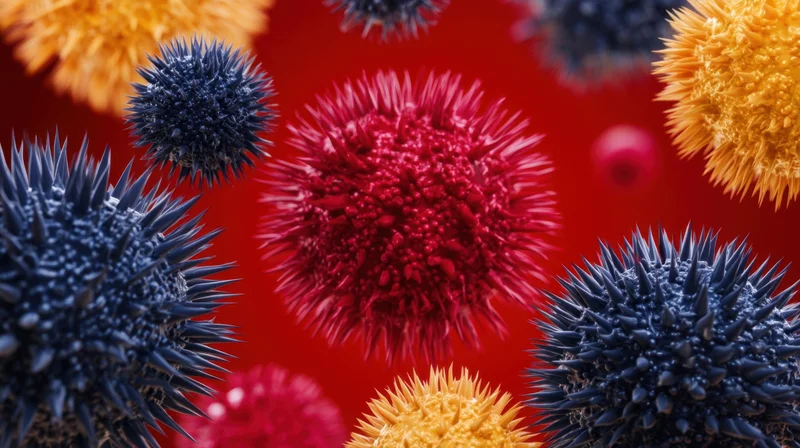 Spiky spherical viruses in red blue and yellow floating against a red background