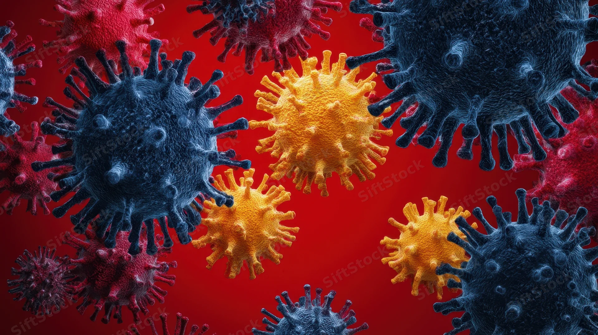 Multiple colorful virus particles with spike proteins floating against a red background
