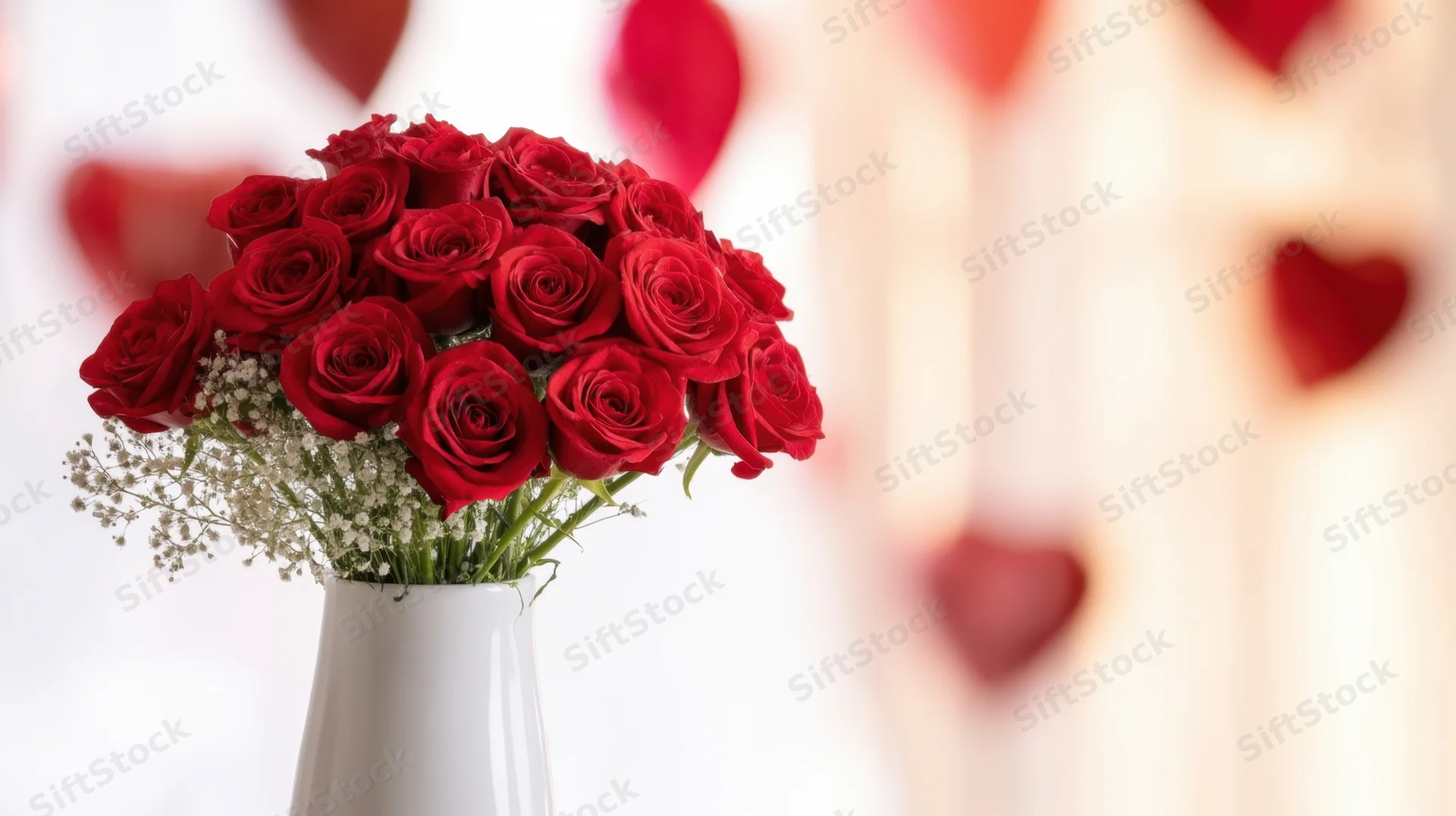 Red roses in a white vase with heart decorations in the background