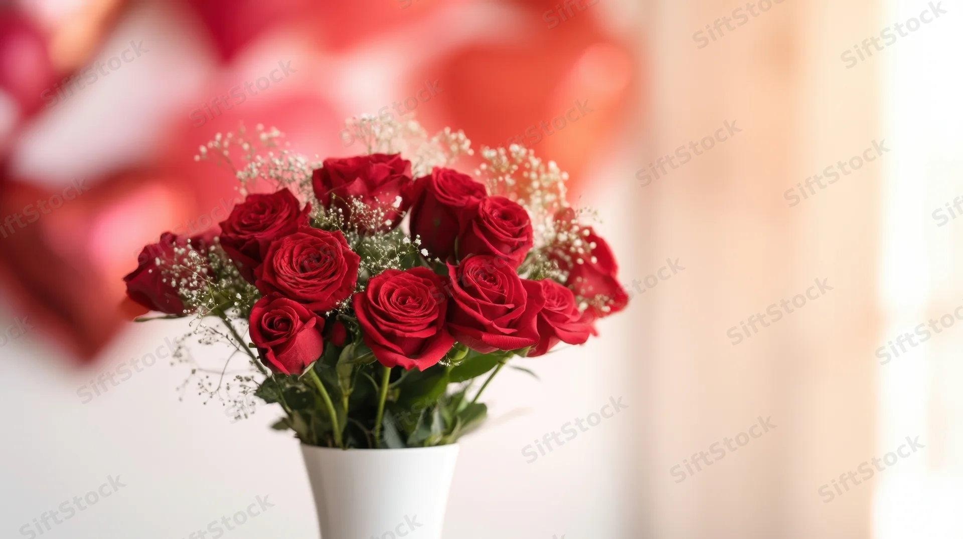 Red roses and baby's breath in a white vase with blurred heart shapes in the background