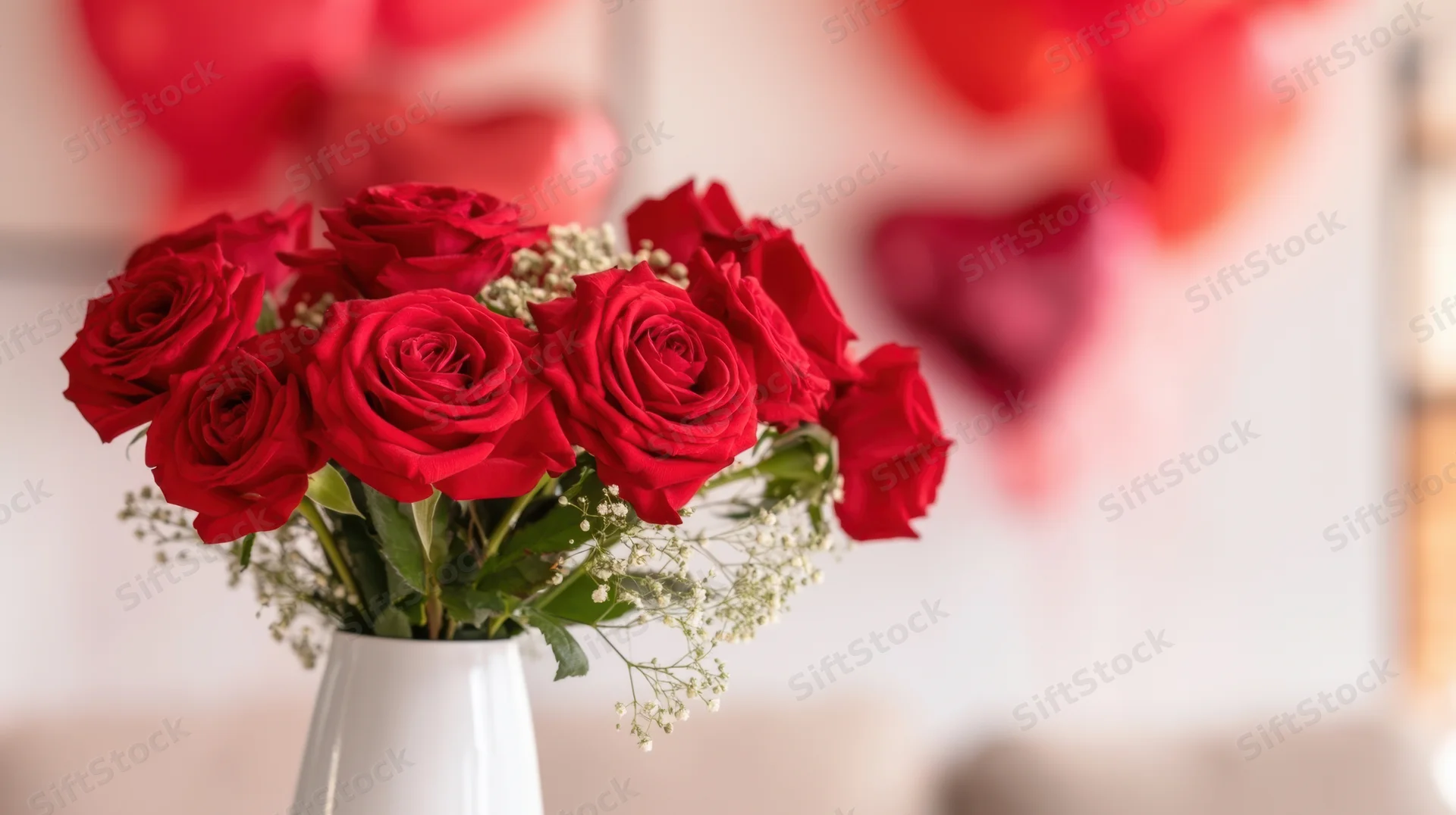 Red roses in a white vase with baby's breath, set against a blurred background with heart decorations