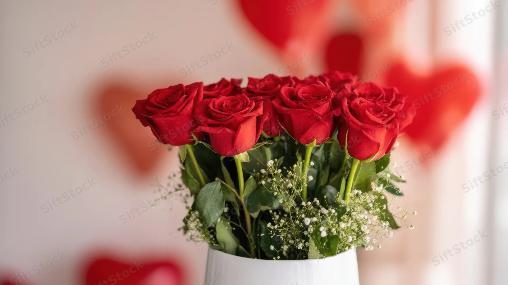 Red roses in a white vase with baby's breath, surrounded by heart decorations