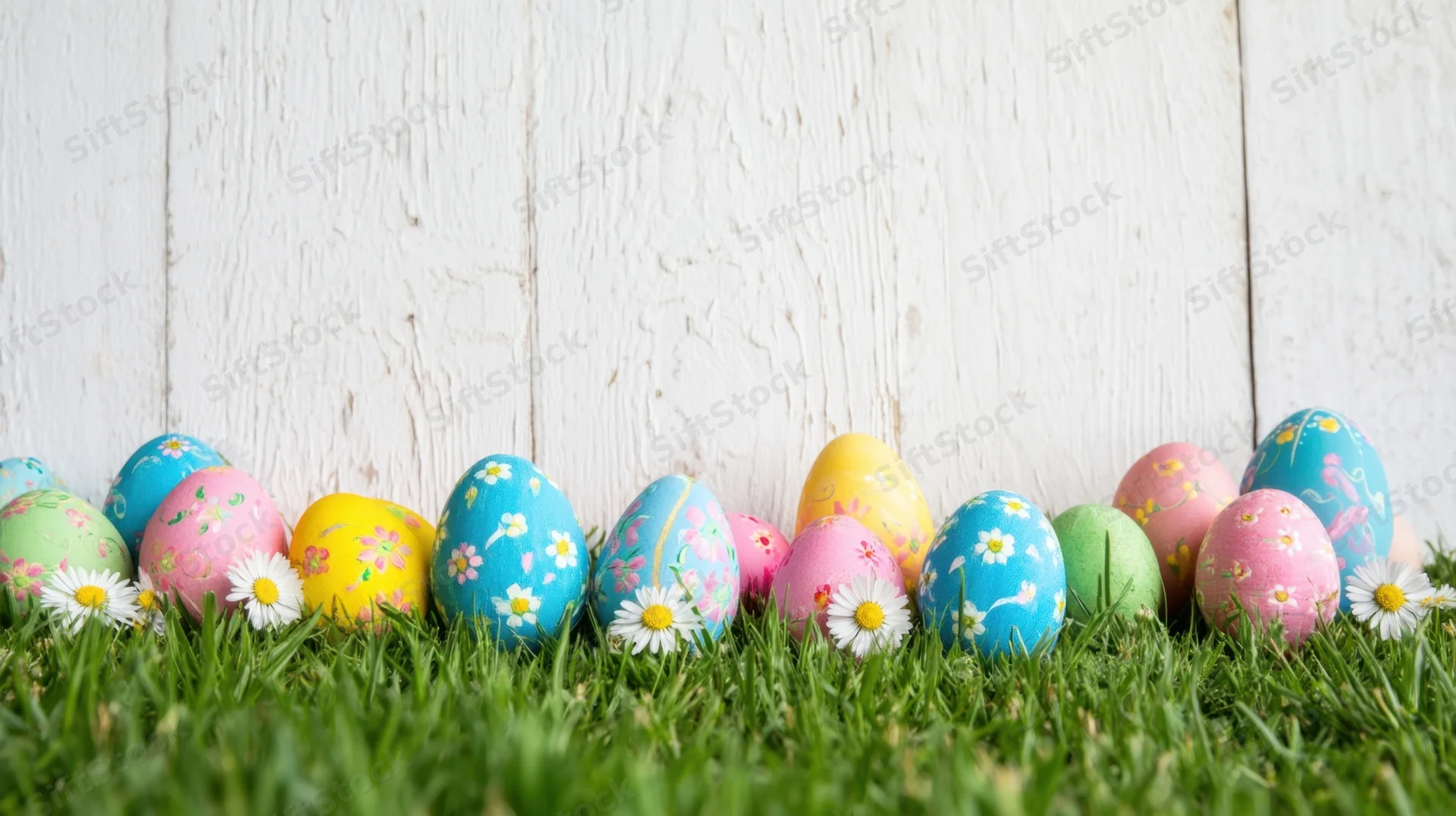 Colorful painted easter eggs with daisies arranged in grass against white wooden background