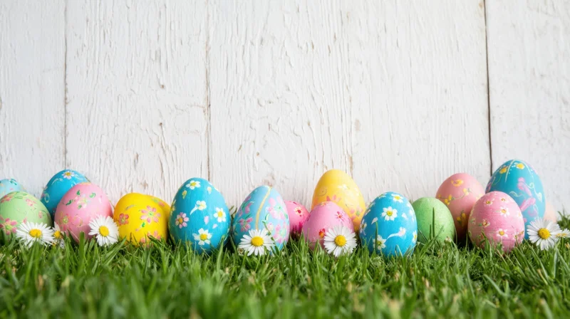 Colorful painted easter eggs with daisies arranged in grass against white wooden background