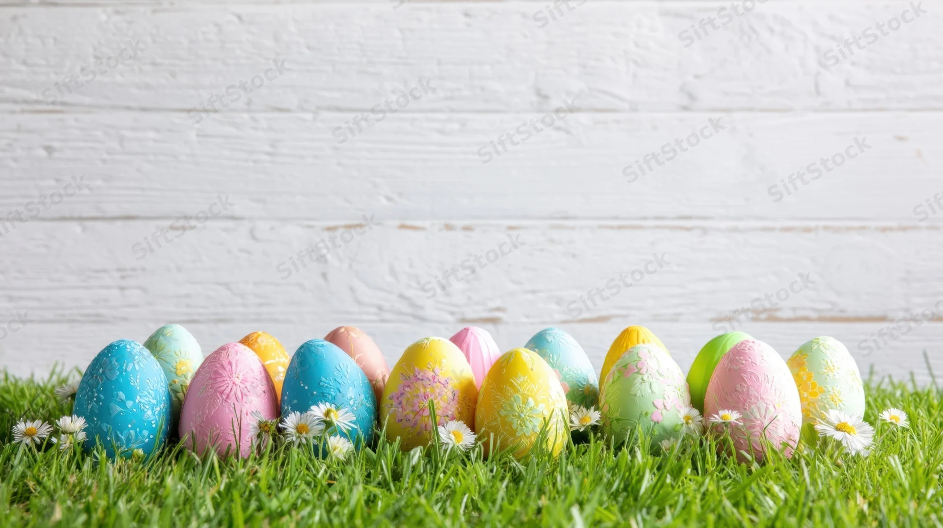 Decorated easter eggs arranged in a row on green grass with small white flowers against a white wooden background