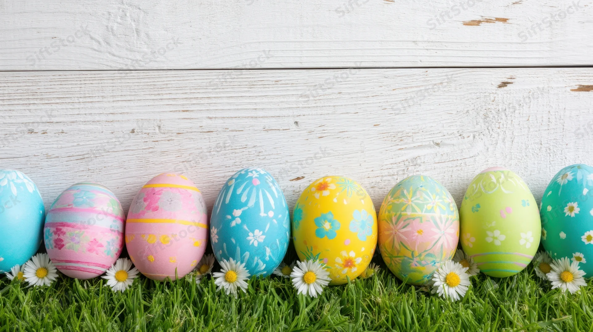 Row of colorful painted easter eggs with daisies on grass against white wooden background