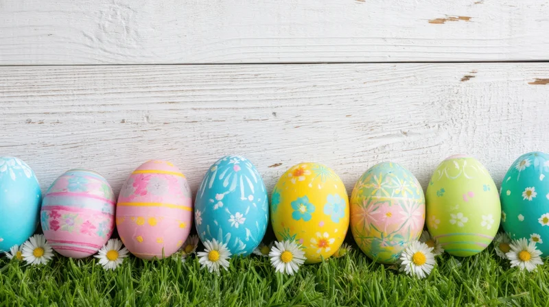 Row of colorful painted easter eggs with daisies on grass against white wooden background