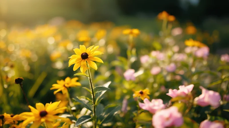 Yellow blackeyed susan flowers blooming in a sunlit garden with pink blossoms in the background