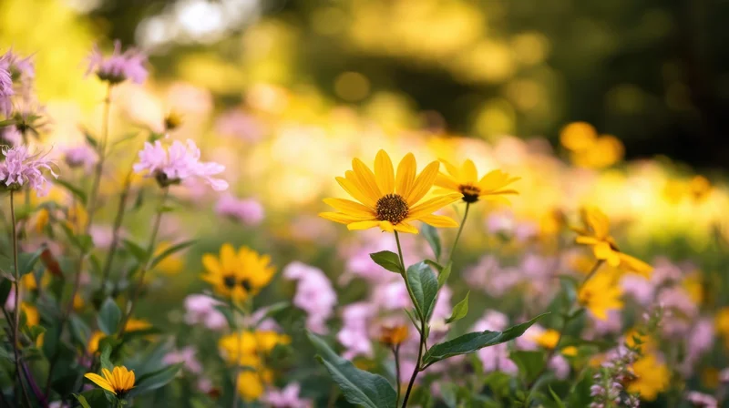 Yellow flower blooming in a garden with pink wildflowers and green foliage in soft sunlight