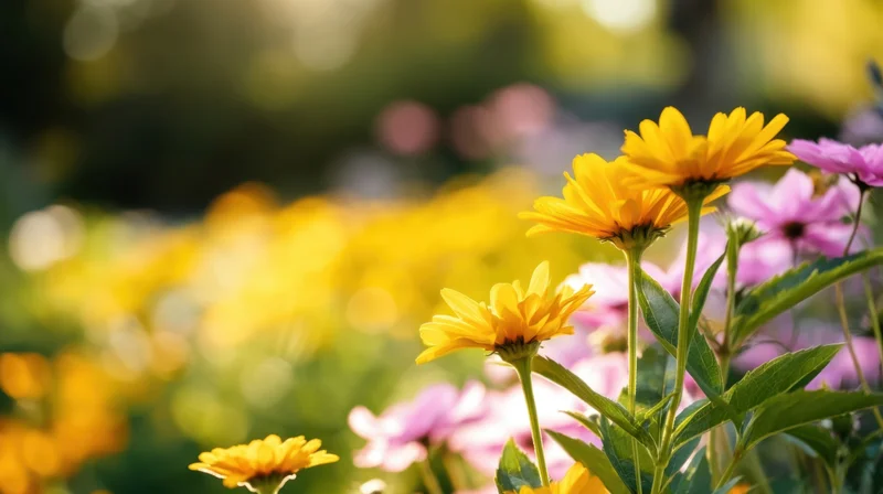 Yellow and pink flowers blooming in a sunlit garden with soft focus background