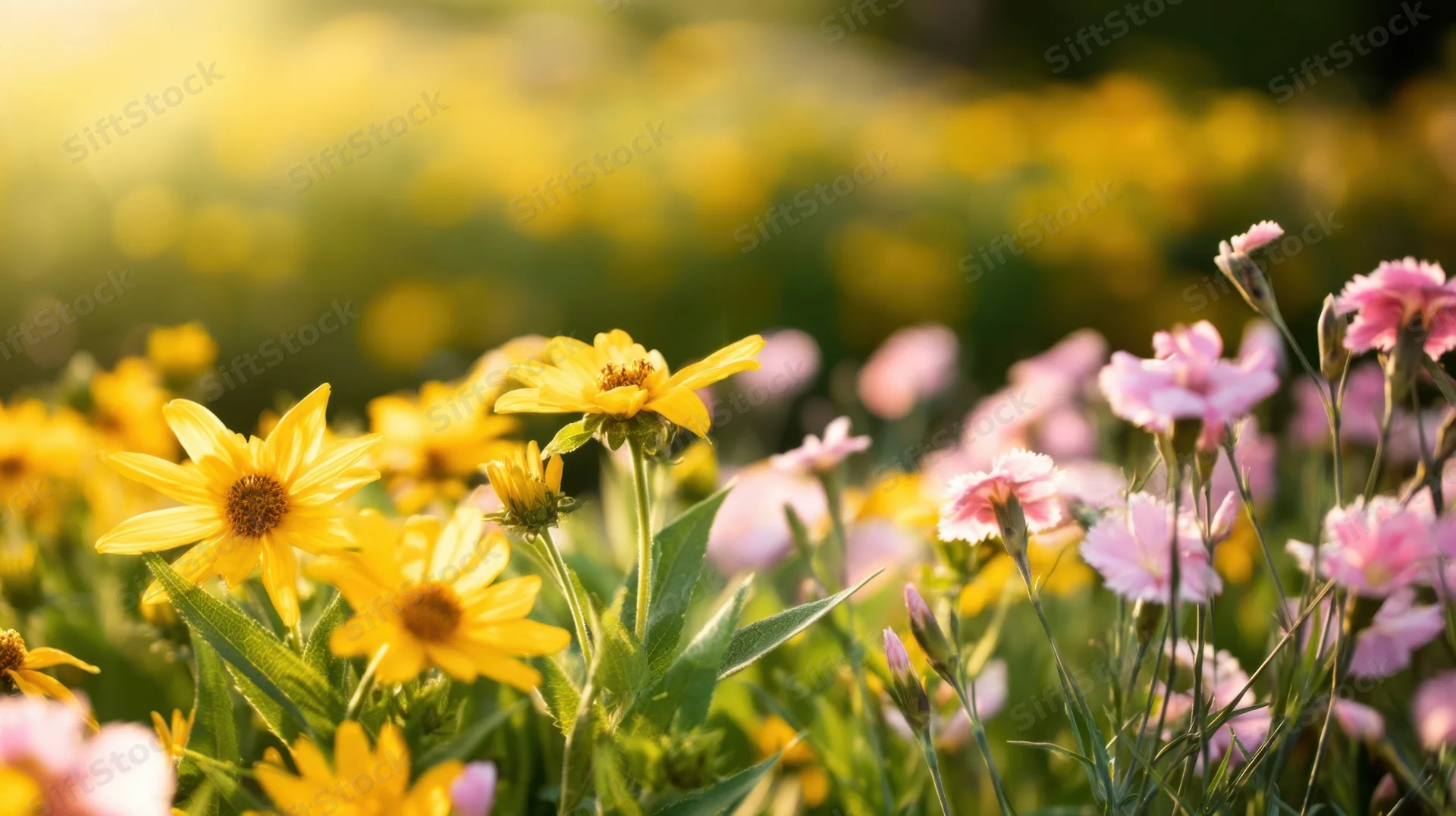 Yellow and pink wildflowers blooming in a sunlit garden meadow
