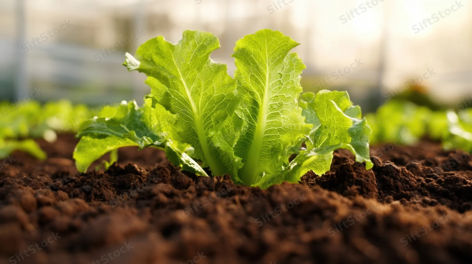 Young lettuce plant growing in rich soil in a greenhouse