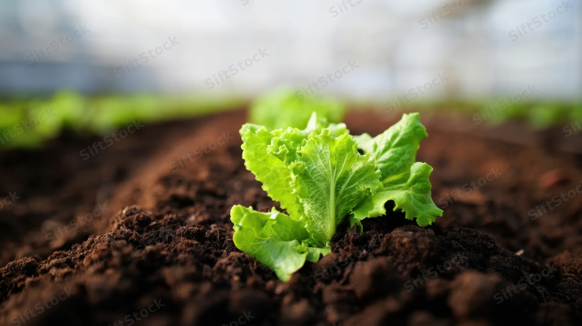 Young lettuce plant growing in soil inside a greenhouse