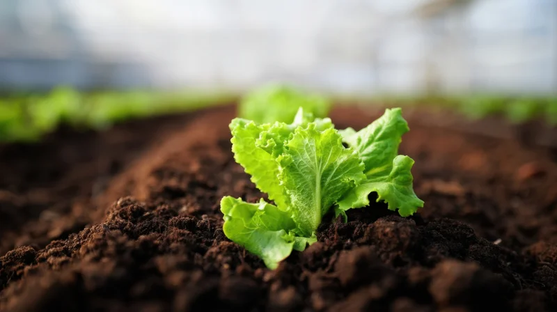 Young lettuce plant growing in soil inside a greenhouse