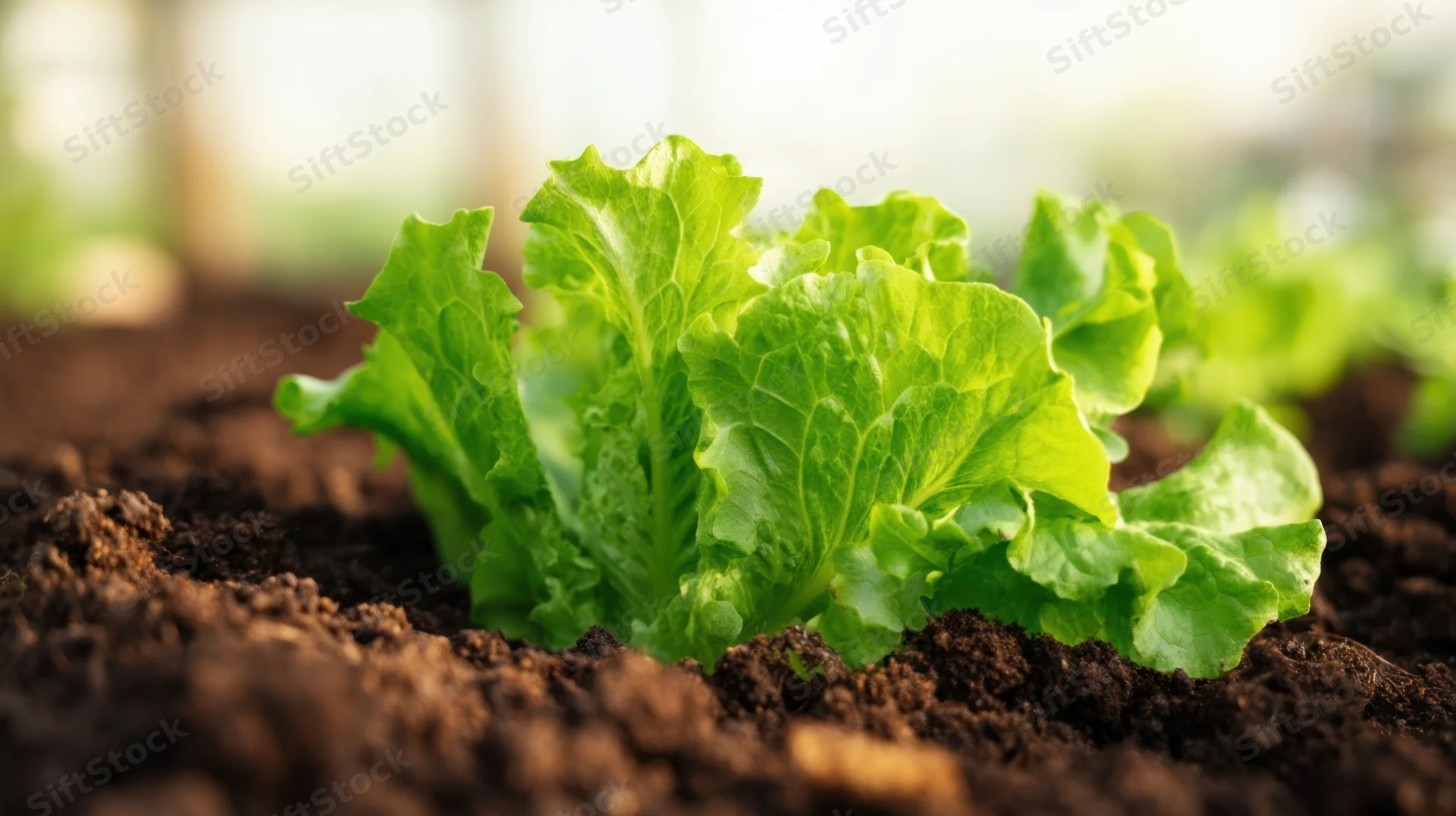 Young lettuce plants growing in rich soil inside a greenhouse