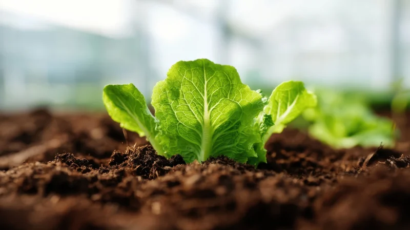 Young lettuce seedlings emerging from soil in a greenhouse