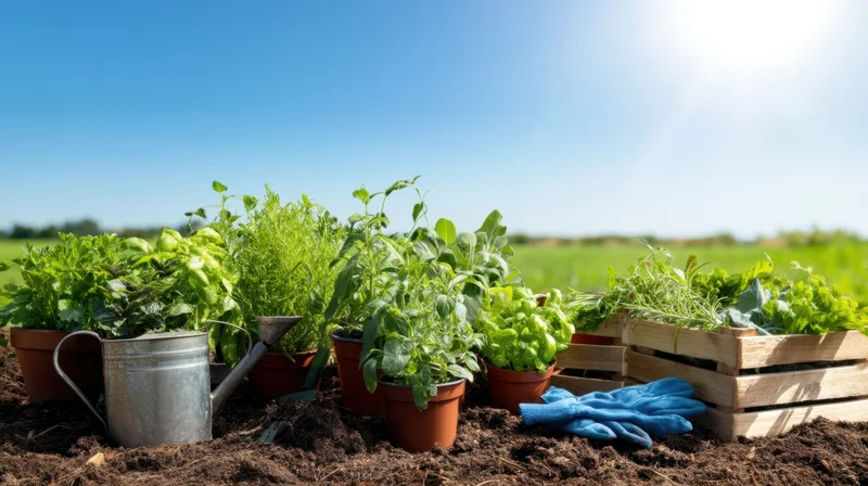 Young herb plants in terracotta pots and wooden crate on soil under bright blue sky with gardening tools nearby