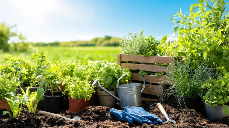 Various herbs growing in pots and soil with gardening tools and gloves on a sunny day in an outdoor garden setting