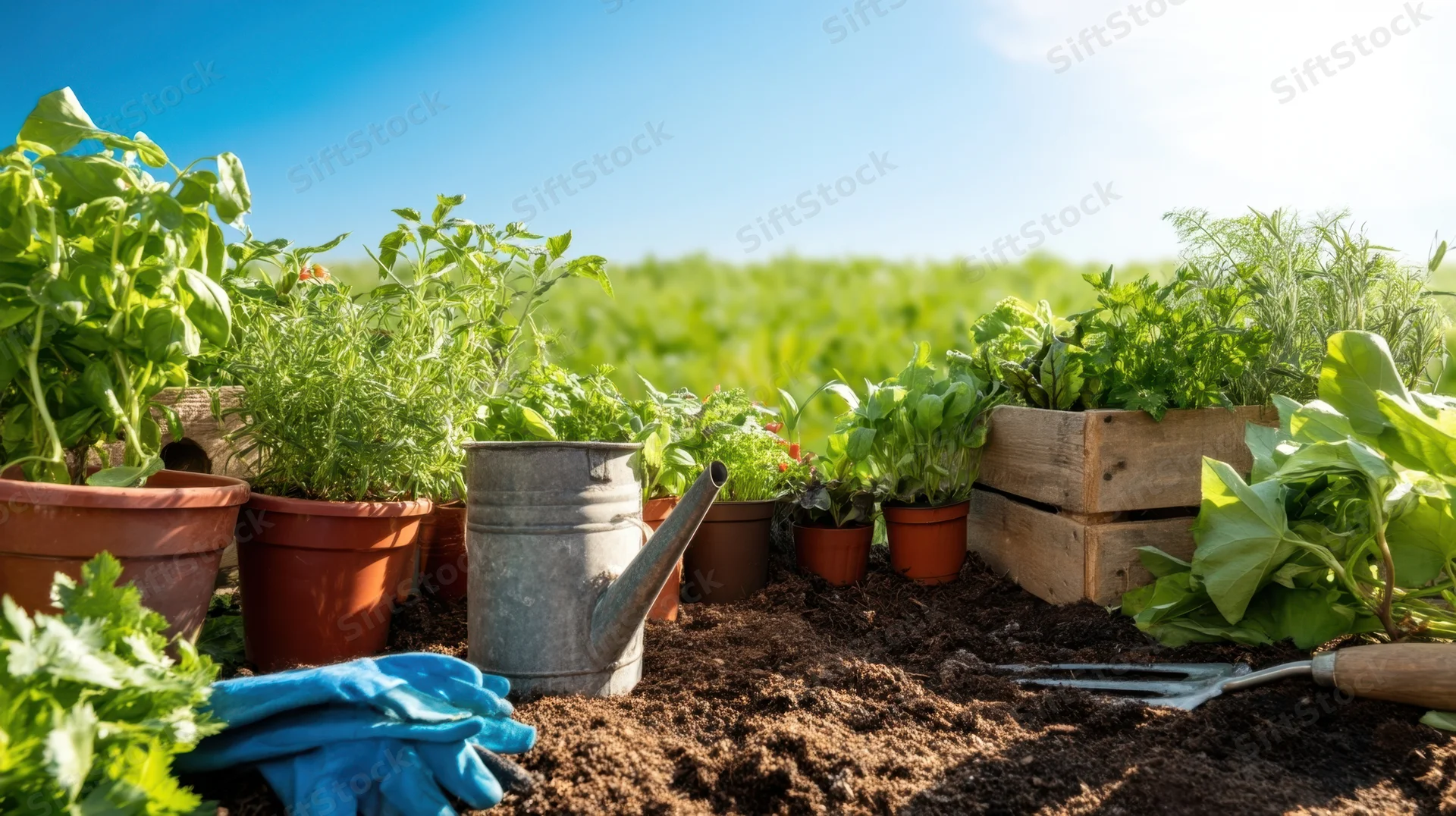 Various potted herbs and vegetables arranged in a garden bed with gardening tools and a watering can under bright sunlight