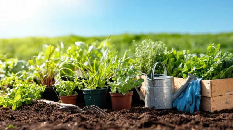Row of potted herbs and vegetables in garden soil with gardening tools and wooden crate under bright sunlight
