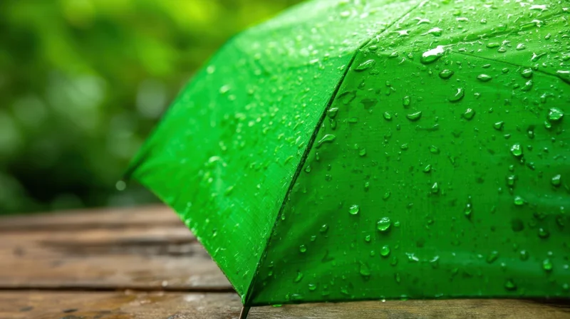 Green umbrella with raindrops resting on wooden table outdoors