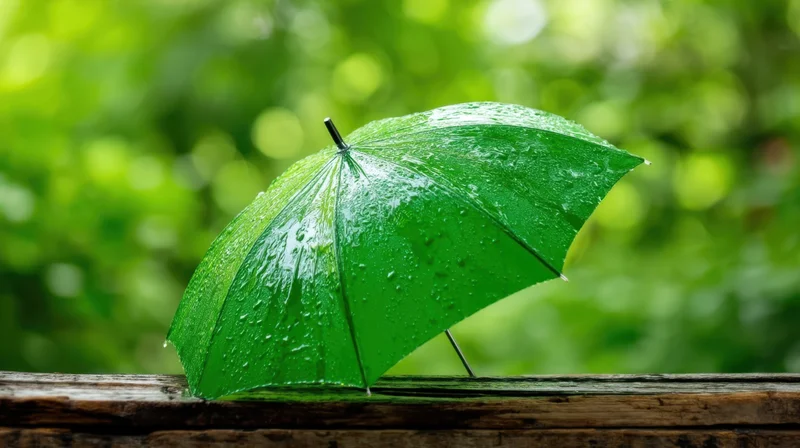 Green umbrella with raindrops resting on a wooden fence in a lush garden