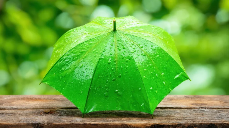 Green umbrella with raindrops resting on wooden railing outdoors