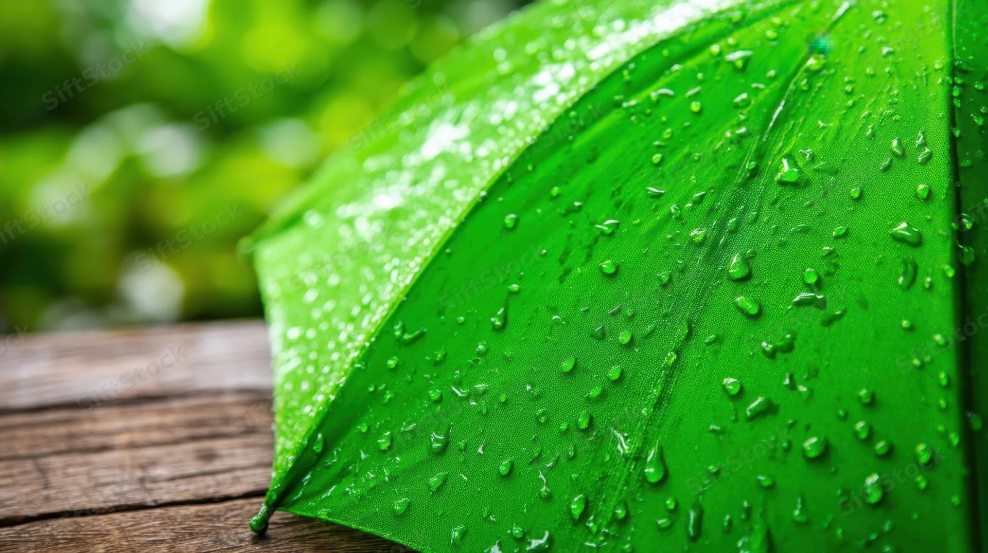 Green umbrella with raindrops resting on wooden surface outdoors
