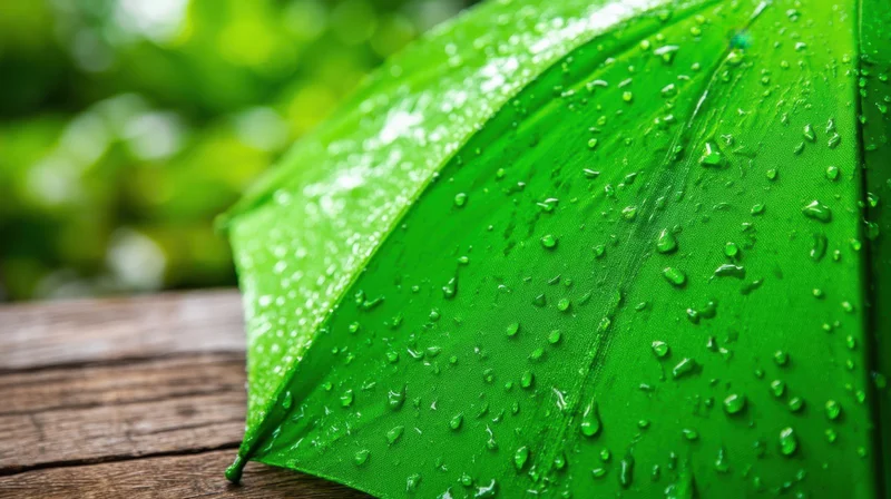 Green umbrella with raindrops resting on wooden surface outdoors