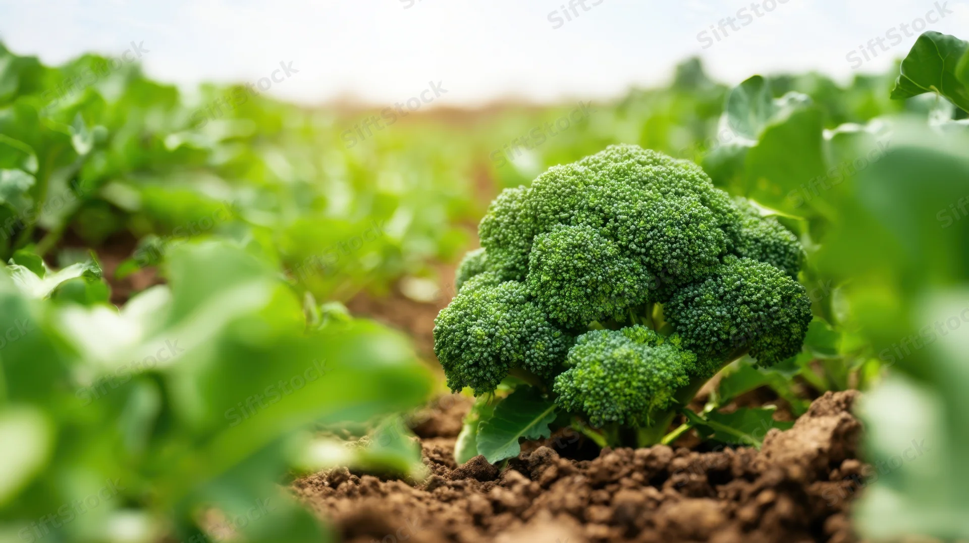 Broccoli growing in a field with soil and green leaves around it