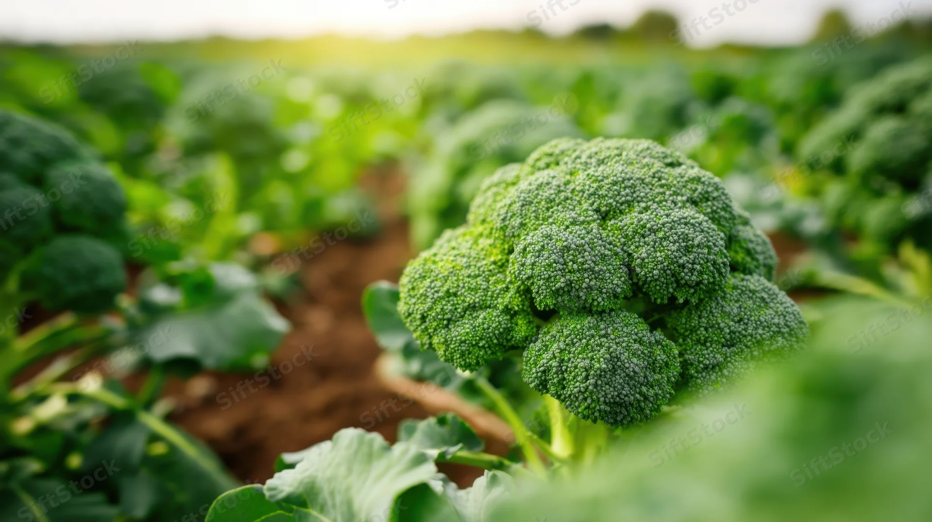 Closeup of a broccoli head growing in a field with rows of plants and soil visible in the background