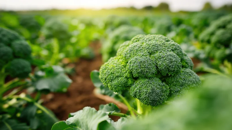 Closeup of a broccoli head growing in a field with rows of plants and soil visible in the background