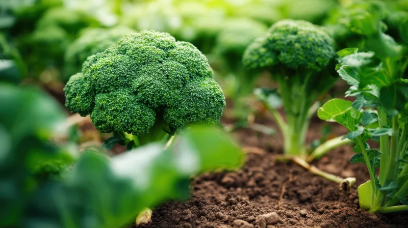 Broccoli plants growing in a garden with rich soil and green leaves surrounding them