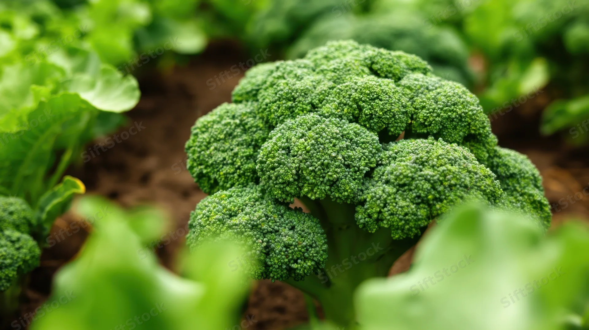 Closeup of a broccoli head growing in a garden with surrounding green leaves and soil