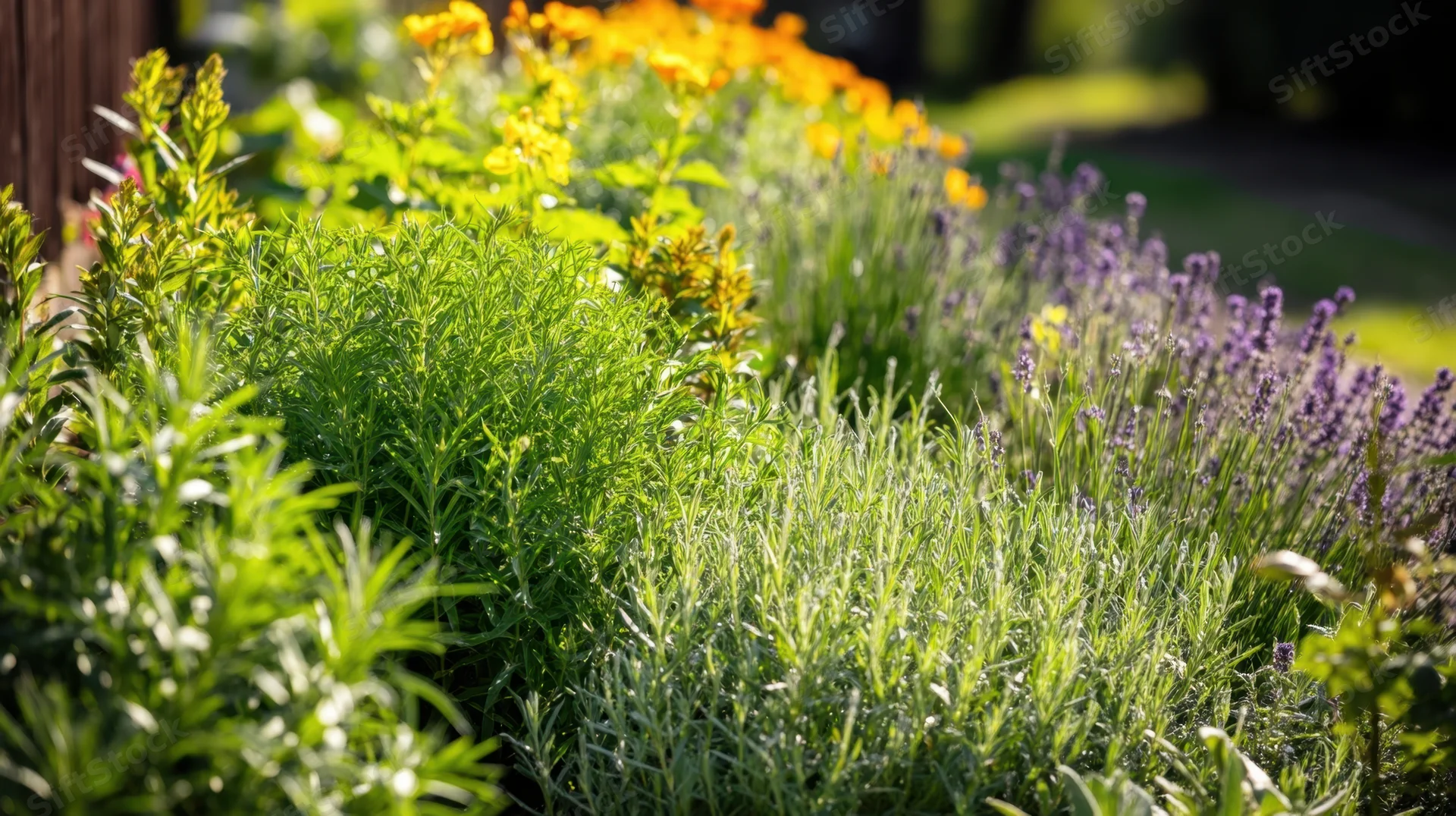 Lush garden bed with blooming lavender and rosemary under bright sunlight