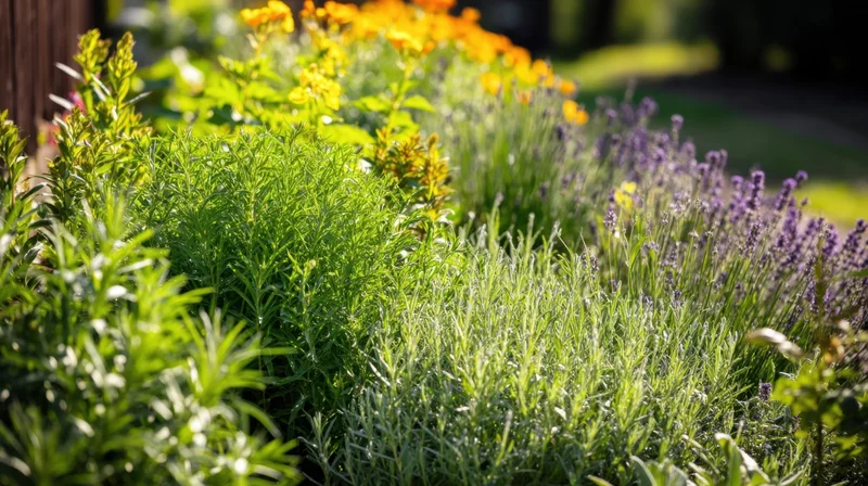 Lush garden bed with blooming lavender and rosemary under bright sunlight