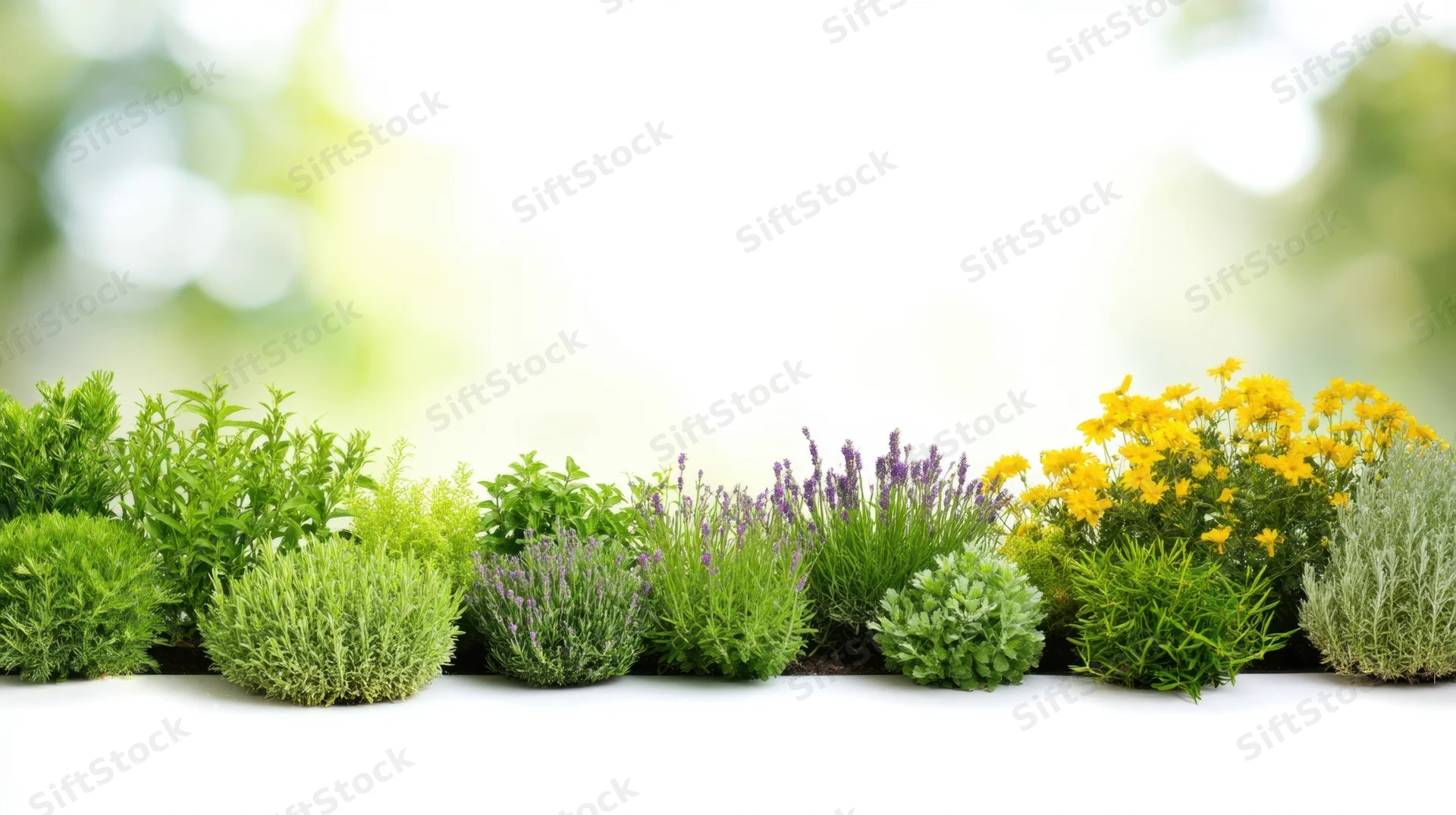 Row of fresh culinary herbs arranged in a line on a white surface with blurred green background